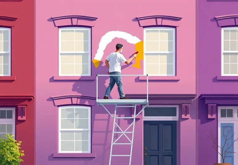 Peintre sur échafaudage traitant la façade d'une maison
