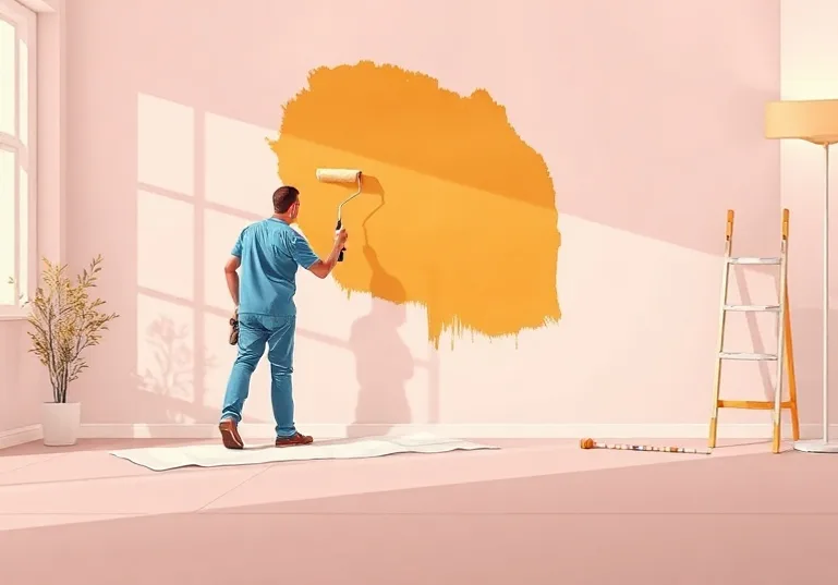 Peintre appliquant la peinture au rouleau sur un mur de salon